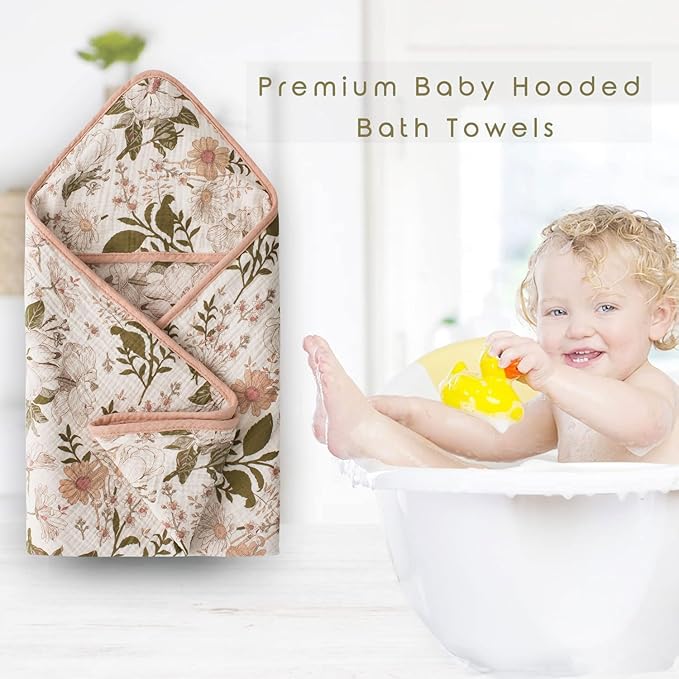 Little Jump Muslin Hooded Baby Bath Towels - 2 Pack 100% Cotton Towel for Babies, Infants, Toddlers - 32x32Inch - Highly Absorbent and Newborn Essential (Vintage Blossom)