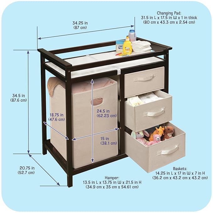 Badger Basket Modern Baby Changing Table for Nursery - Diaper Changing Station with Laundry Hamper, 3 Storage Drawers, Changing Pad, and Safety Belt - Espresso and Ecru