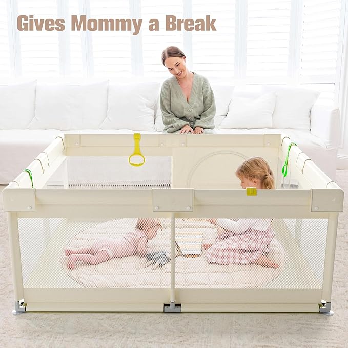 ZEEBABA Beige Baby Playpen 59x59 in, Playpen for Babies and Toddlers, Play Pen for Kids, Play Yard for Infants with Gate (Without mat)