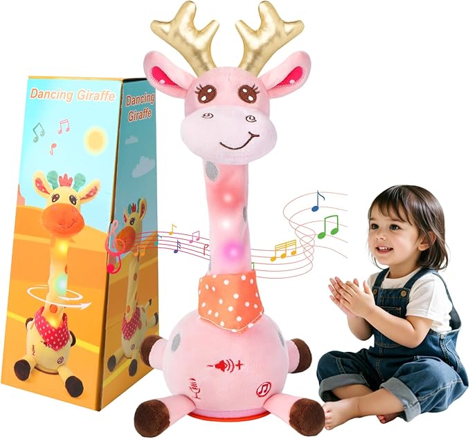 MILGEI Dancing Talking Giraffe Toy, Singing Musical Tummy Time Baby Toy with Volume Adjustment, 10 Children's Songs Light Up Toys, Repeating What You Say, Pink Giraffe Stuffed Animal for Girls Boys