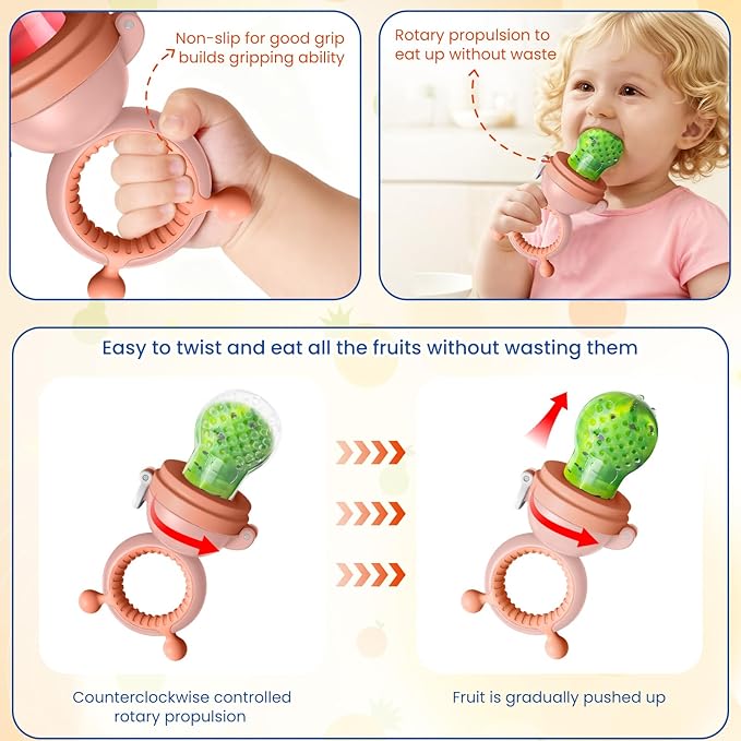 Baby Fruit Food Feeder Pacifier with 3 Different Size Silicone Pouch,Teethers for Babies 6-12Months, Baby Solid Food Essentials, Push Pop Silicone Feeder, Nutrition Feeder, BPA Free, 1 Pice, Orange