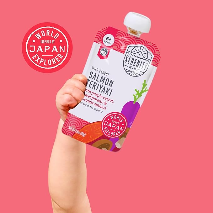 Serenity Kids 6+ Months Organic Baby Food Pouch - 3.5 oz, Pack of 12, Salmon Teriyaki - 5g Protein Nutrient-Packed Puree - Savory Salmon Teriyaki - No Added Sugar - On-The-Go Pouch for Baby Snacks