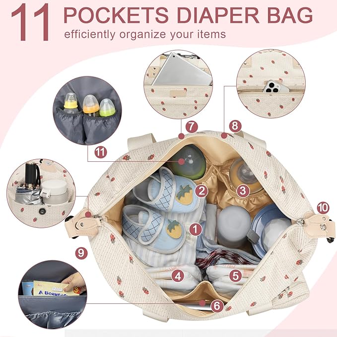 Diaper Bag Tote - Diaper Baby Bags with Pacifier Case, Shoulder Straps, Stroller Clips, Waterproof Large Mommy Maternity Travel Baby Bag for Mom and Dad, strawberry