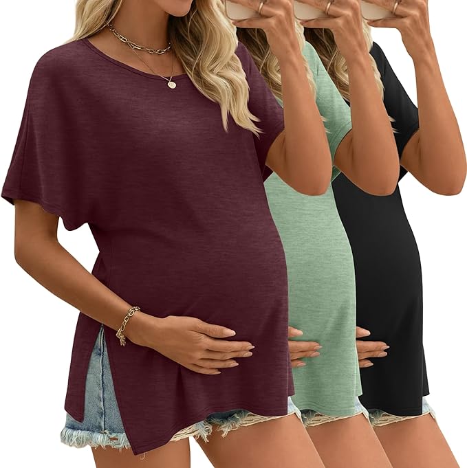 Riyiper 3 Pack Women's Maternity Tunic Shirts Cotton Summer Pregnancy Clothes Loose Oversized Split Side Blouse Tops