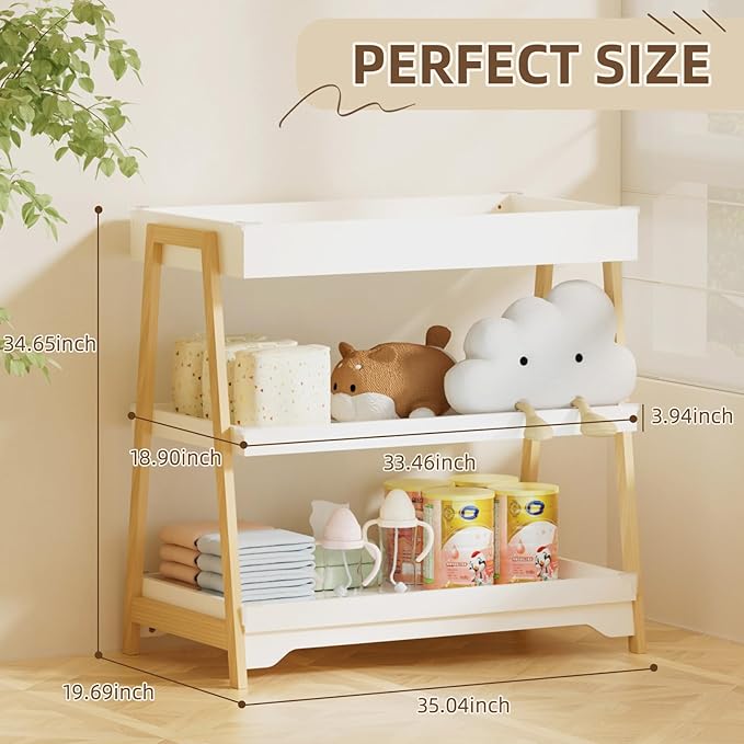YUFU Baby Changing Table, Portable Diaper Changing Table with Changing Pad, Baby Diaper Changing Station with 2 Tier Storage Shelves for Newborn Baby and Infant, White/Natural