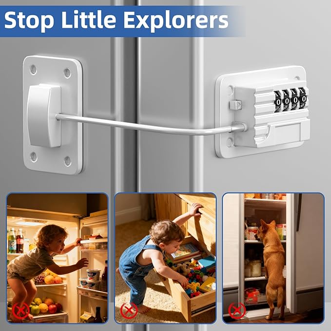 Refrigerator Lock, Heavy Duty Fridge Locks for Kids, Freezer Lock with Combination for Refrigerator Drawer Cabinet Safety, Easy to Install No Keys Needed White