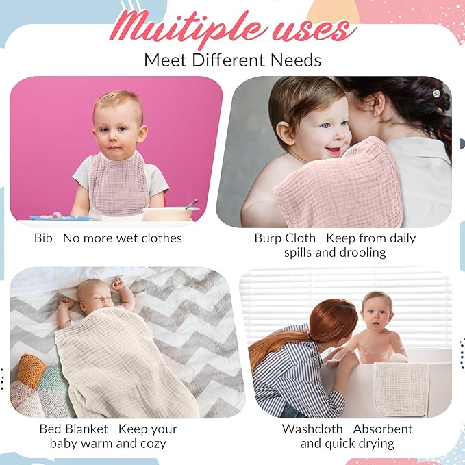 6 Pcs Muslin Hooded Bath Towels Washcloths and Bibs Set, Muslin Cotton Baby Towels Absorbent Hooded Blanket Towel Infant Bibs for Boys Girls Newborn Infant Essentials(Light Green,Light Gray)