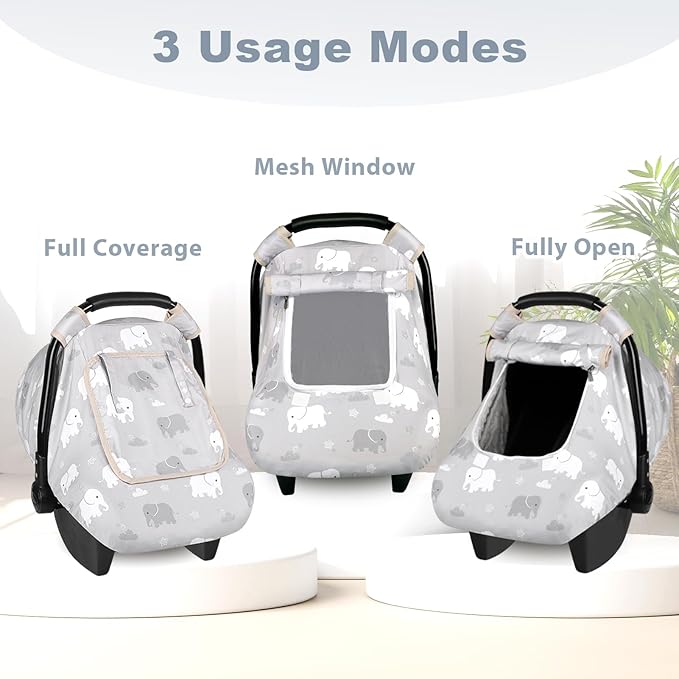 Windproof Baby Car Seat Cover, 3D Mink Dot Infant Car Seat Canopy with Breathable Mesh Window, Baby Carrier for All Seasons, Easy Access Carseat Covers Snug Fit Infant Stroller(Elephant)