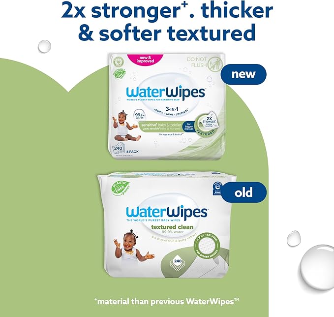 WaterWipes Sensitive+ Baby & Toddler Wipes, 3-In-1 Cleans, Cares, Protects, 99.9% Water, Textured Clean, Unscented & Hypoallergenic, 240 Count (4 Packs)