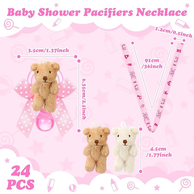 Remuuly 24 Pcs Baby Shower Pacifier Necklaces with Plush Bears Its a Girl Acrylic Pacifier Necklaces for Guest Baby Shower Games Party Favors Gender Reveal Prize Table Scatter Decorations