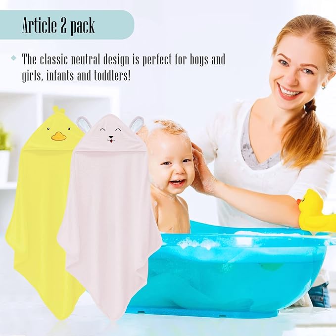 Cute Castle 2 Pack Hooded Baby Towel Rayon Made from Bamboo with 8 Washcloths - Soft Bath Towel for Bathtub for Babie, Newborn, Infant, Natural Baby Stuff Towel (Duck and Rabbit)