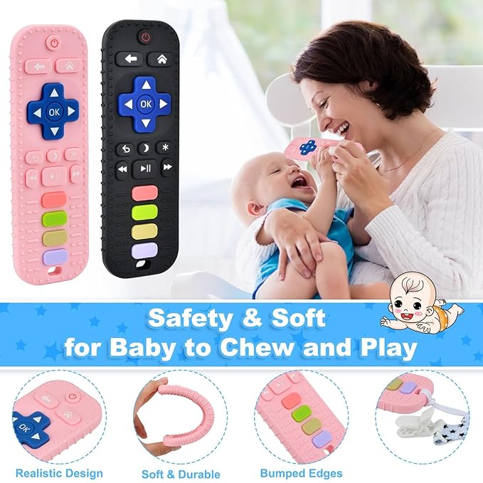 2 Pack Teether Toy for Babies Over 3 Months, TV Remote Control Shape Silicone Teething Toys for Infants 6-12 Months, Boys Girls Baby Teething Toys, Babies Chew Toys, Freezer BPA Free