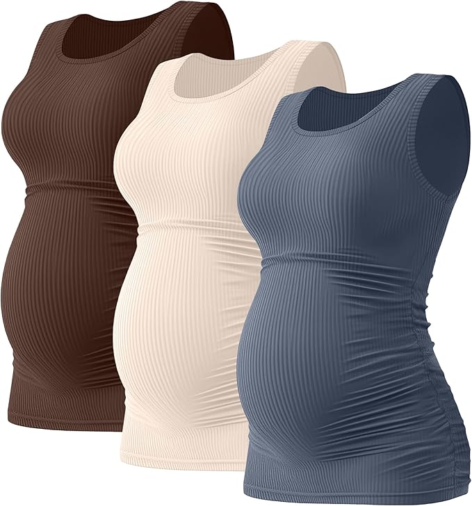 Riyiper 3 Pack Women's Maternity Tank Tops, Sleeveless Cotton Pregnancy Shirts Ribbed Knit Sides Ruched Basic Mama Clothes