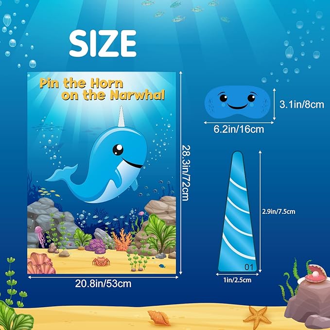 NEBURORA 2 Pack Pin The Horn on The Narwhal Party Game 2 Large 21"x 28" Posters with 48pcs Stickers Ocean-themed Birthday Party Supplies Decorations for Kids Boys Classroom Game Wall Home Decor