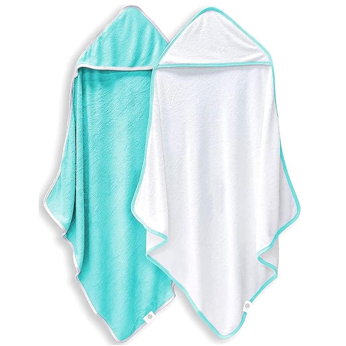2 Pack Baby Bath Towel - Rayon Made from Bamboo, Ultra Absorbent - Ultra Soft Hooded Towels for Kids - X Large Size for 0-7 Yrs (White and Malachite, 37.5 x 37.5 Inch)