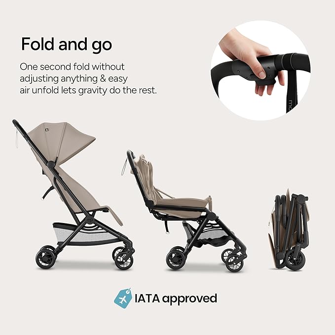Mompush Velo Lightweight Travel Stroller, Compact & Airplane-Friendly for Baby and Toddler, Lie-Flat Seat, One-Hand Fold, with Leather Bumper Bar, Shoulder Strap, Raincover, Storage Bag & Cup Holder