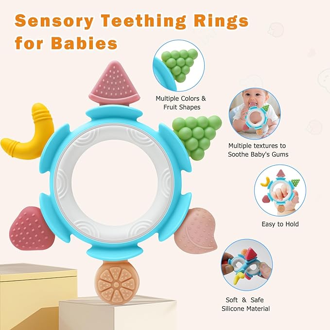 Baby Teething Ring Toy for 3-6-12 Months, Silicone Infant Teether for Sore Gum Relief, Soothing Sensory Chew Toy, Ideal Newborn Gift for Boys Girls Baby Shower, Birthday or Christmas, Blue