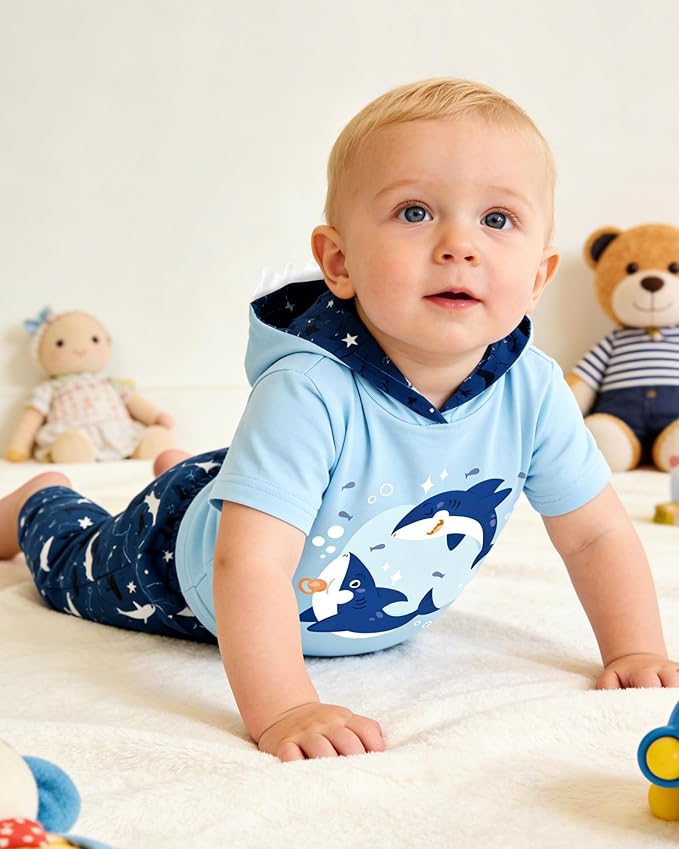 Newborn Boy Summer Outfits Animal Print Short Sleeve Romper with Hoodie & Pants Infant Clothing Set