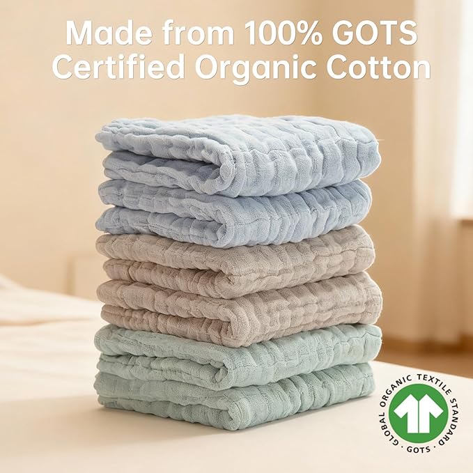 Organic Muslin Baby Washcloths 6 Pack Baby Bath Face Towel 12x12 Inch Extra Absorbent and Soft Burp Cloth and Wash Cloths for Newborn-Infants On Sensitive Skin (Blue Green Brown)
