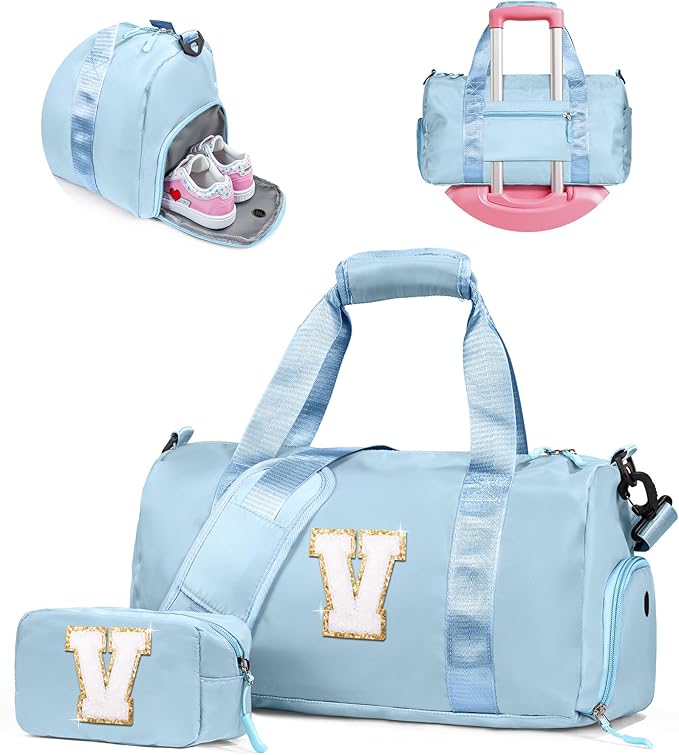 Gift Ideas for Kids-Girl Gym Bag with Shoe Compartment, Kid Personalized Weekender Overnight Bags, Initial Travel Tote with Makeup Pouch, Gifts for 6 Year Old Girl (Letter V)