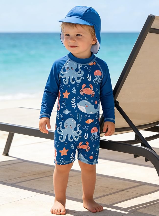 ADUKIDE Baby Boys Swimsuit Summer Beach Rash Guard Swimwear One Piece Sunsuit with Sun Hat 3-24 Months