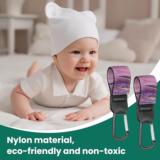 Stroller Straps, Mommy Hooks Diaper Bags, Universal Shopping cart, Wallet, Backpack - 2 Packs (Purple Butterfly)