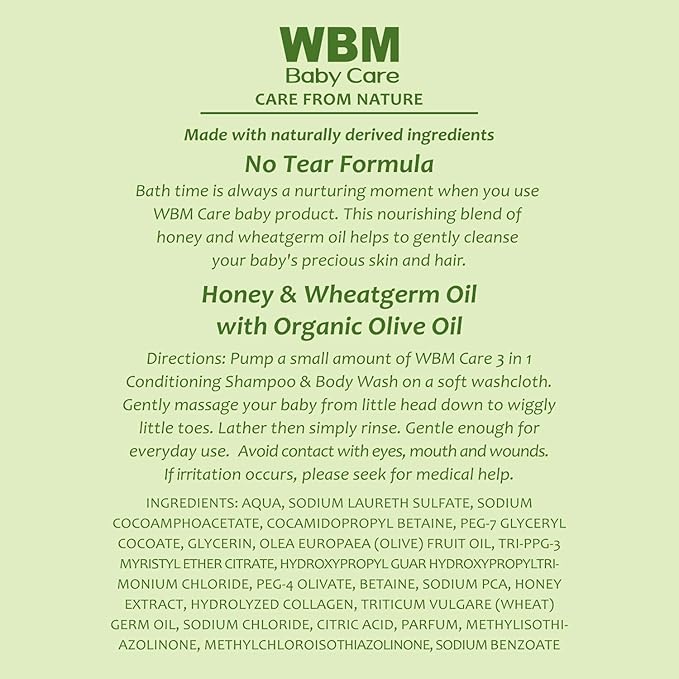 WBM Care 3-in-1 Baby Shampoo, enriched with honey, wheatgerm, and organic olive oil, nourishes baby hair with a gentle, tear-free formula for healthy care