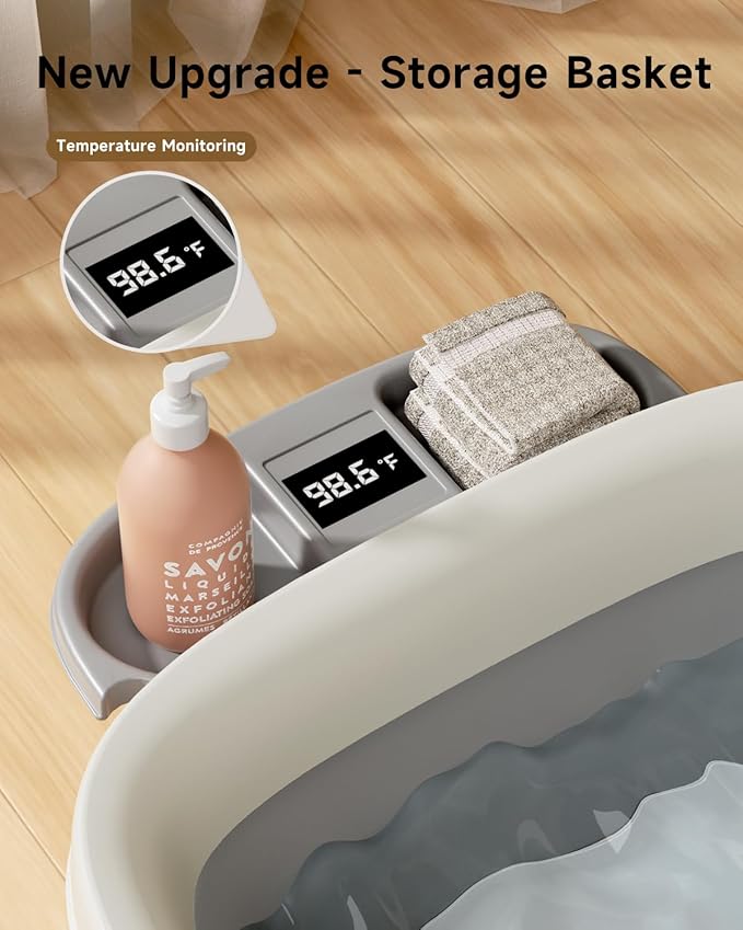 Collapsible Baby Bathtub, Large Infant Bath Tub with Thermometer & Cute Soft Cushion for Newborn to 36-Month Toddlers, Storage and Non-Slip Feet Design, Baby Bath Gift (Grey)