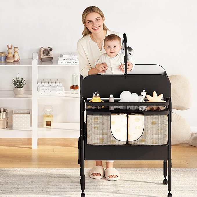 GarveeHome Baby Changing Table with Storage, Portable Foldable Diaper Changing Station with 2 Storage Baskets, Height Adjustable Waterproof Changing Table for Infant and Newborn