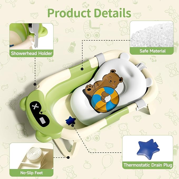 Collapsible Baby Bathtub for Newborn to Toddler (0-18 Months) - Foldable Baby Bath Tub with Soft Towel, Newborn& Infant Bathtub for Travel and Outdoor, Green