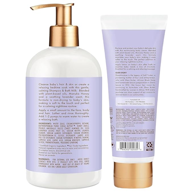 Shea Moisture Baby Care Set – Relaxing Nighttime Shampoo & Bath Milk + Nighttime Body Cream for Delicate Skin, Manuka Honey & Lavender (2 Piece Set)