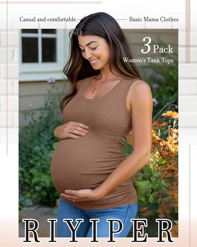 Riyiper 3 Pack Women's Maternity Tank Tops, Sleeveless Cotton Pregnancy Shirts Ribbed Knit Sides Ruched Basic Mama Clothes
