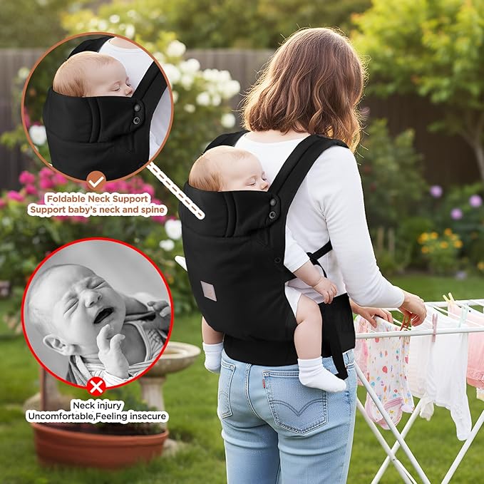 GAGAKU Baby Carier, Lightweight Ergonomic Toddler Carrier for 7-33lbs, Soft Breathable 4-in-1 Carrier with Head Support, Easy to Wear, Hands-Free Comfort, Black