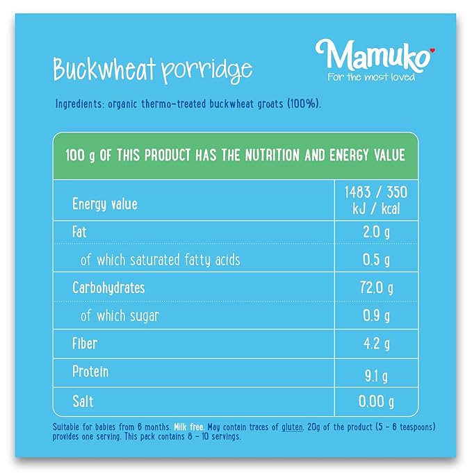 MAMUKO Baby Porridge - Buckwheat Porridge with GMO-Free - Organic Porridge for Healthy Growth & Development - Vegan Porridge Ideal for Babies 6-9 Months - (200g & 10 Servings)