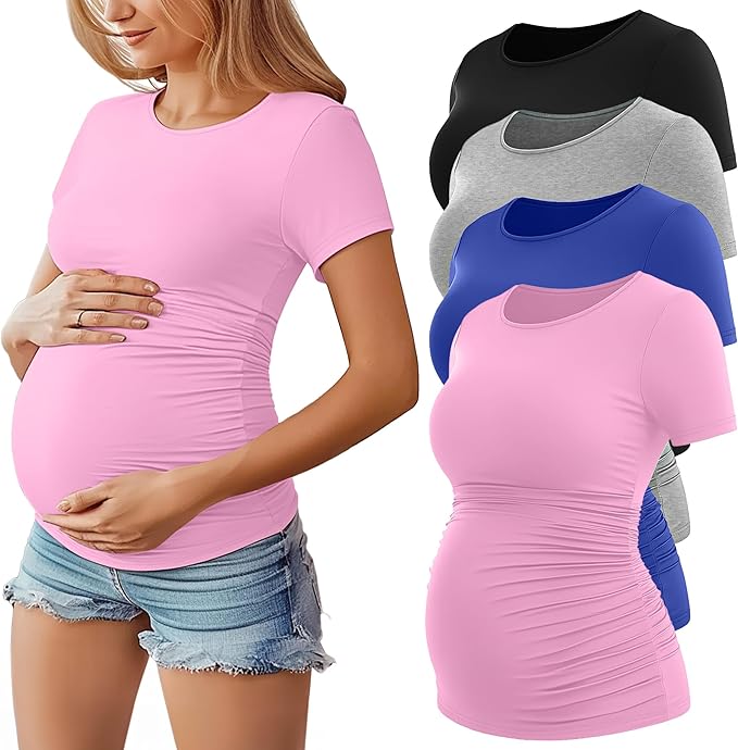 Huukeay 4 Pack Women's Maternity Shirts, Crew Neck Maternity Top Short Sleeve Casual Cotton Tee Side Ruched Pregnancy Clothes