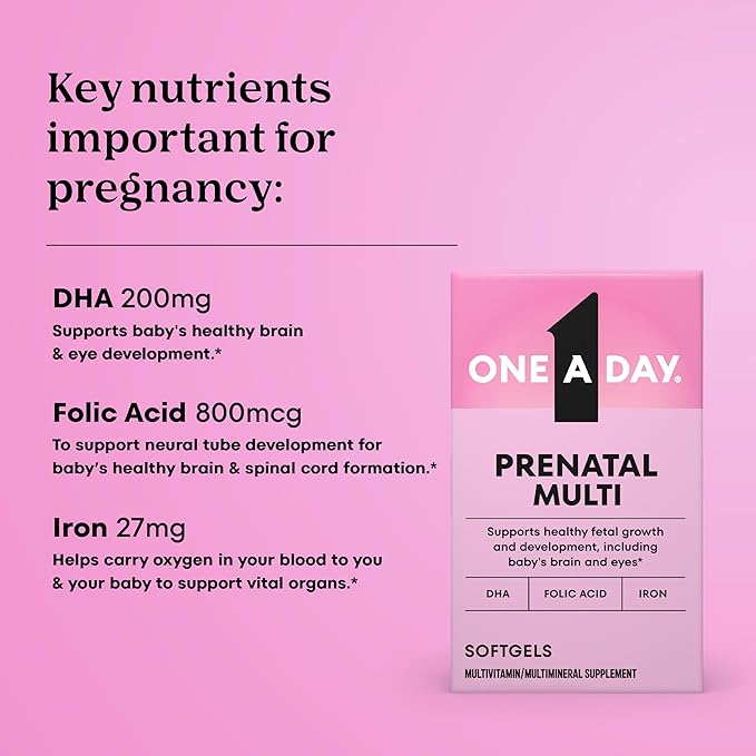 One A Day Prenatal Vitamins- Folic Acid, Iron, Omega- 3 (DHA), Pregnancy Vitamins for Women, Prenatal Multivitamin for Mom and Baby Support, Pregnancy Must Haves 30 Ct (Packaging May Vary)