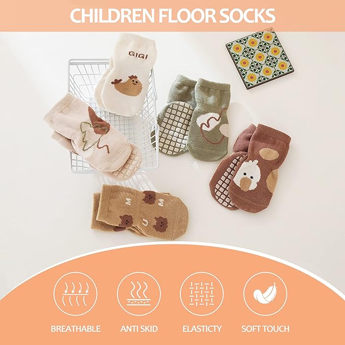 TRUEHAN 5 Pairs Toddler Non Slip Socks with Grips Baby Socks for Kids Girls Boys