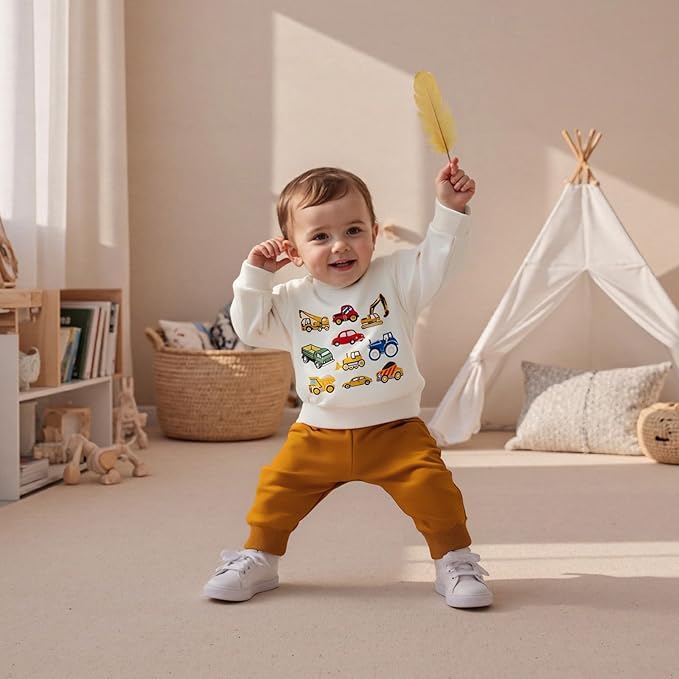 Fernvia Toddler Baby Boy Clothes Set 2T 3T 4T 5T Truck Excavator Print Long Sleeve Sweatshirt Elastic Pants Fall Outfits