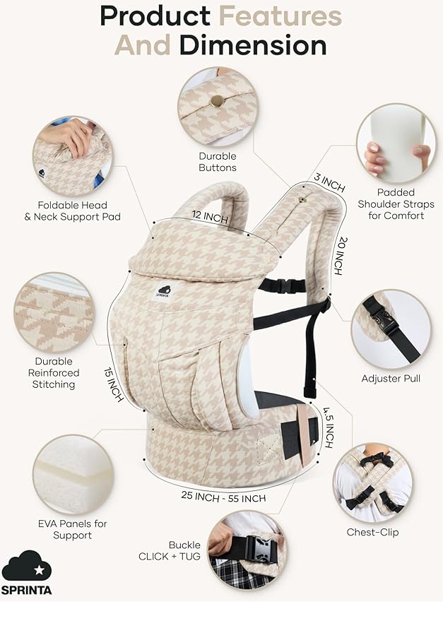 Sprinta Premium Linen-Cotton Baby Carrier – Ergonomic Houndstooth Newborn to Toddler Carrier (7-44 lbs), 4-Way Adjustable Fit