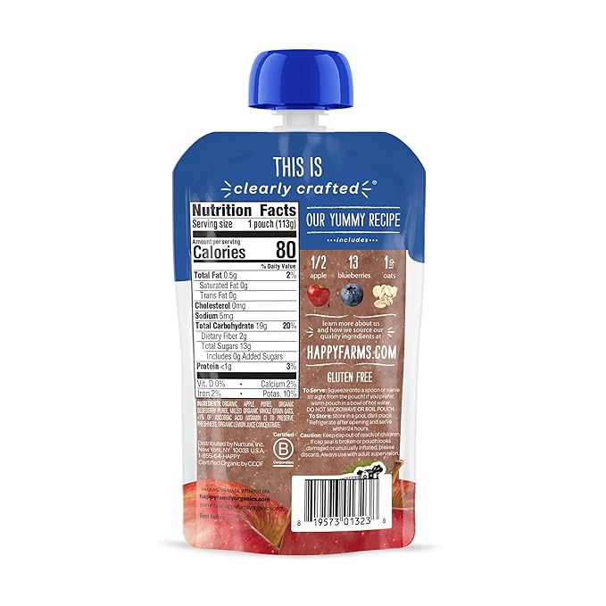 Happy Baby Organics Stage 2 Baby Food Pouches, Gluten Free, Vegan & Healthy Snack, Clearly Crafted Oat & Fruit Puree, Apples, Blueberries & Oats, 4 Ounces (Pack of 16)