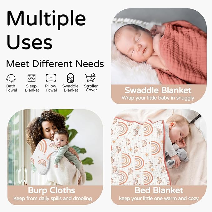 Yoofoss Hooded Baby Towels for Newborn 2 Pack 100% Muslin Organic Cotton Baby Bath Towel with Hood for Babies, Infant, Toddler and Kids, 32x32Inch, Soft and Absorbent Newborn Essential,Pink Rainbow