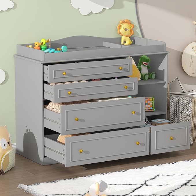 St.Mandyu Grey Changing Table Dresser, Baby Nursery Dresser, Baby Diaper Changing Table, 5 Drawers, Adjustable Shelves, Metal Handle, Curved Wrapping Design, Grey