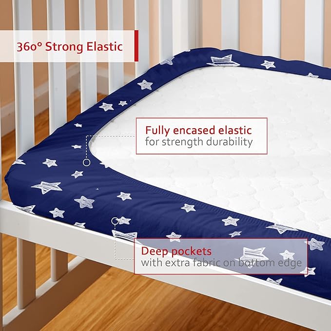 Pack and Play Sheets Fitted, Breathable Thick Playard Lovely Print Cover 39"×27"×5" Compatible with Graco Pack n Play, Navy Star