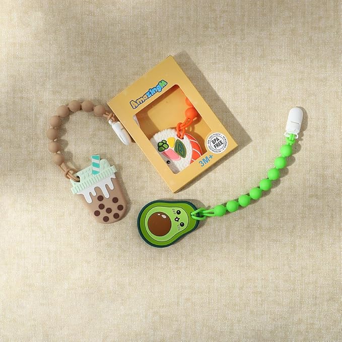 Baby Food Grade Silicone Teether Toy with Pacifier Clip Holder,Teething Toys Gift Set for 3 Months+ Boys and Girls,Freezer Safe,BPA Free. (Sushi)