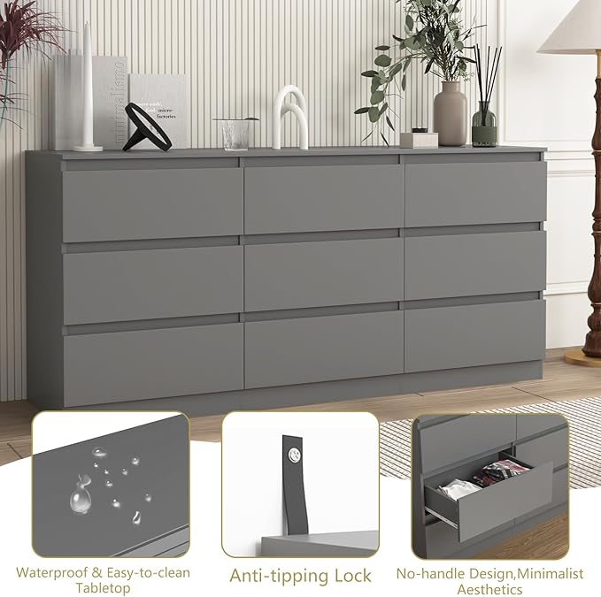 Grey 9 Drawer Dresser for Bedroom,Modern Long Dresser with Deep Drawers,Wide Storage Chest of Drawer,Wood Bedroom Storage Organizer Drawers forBedroom