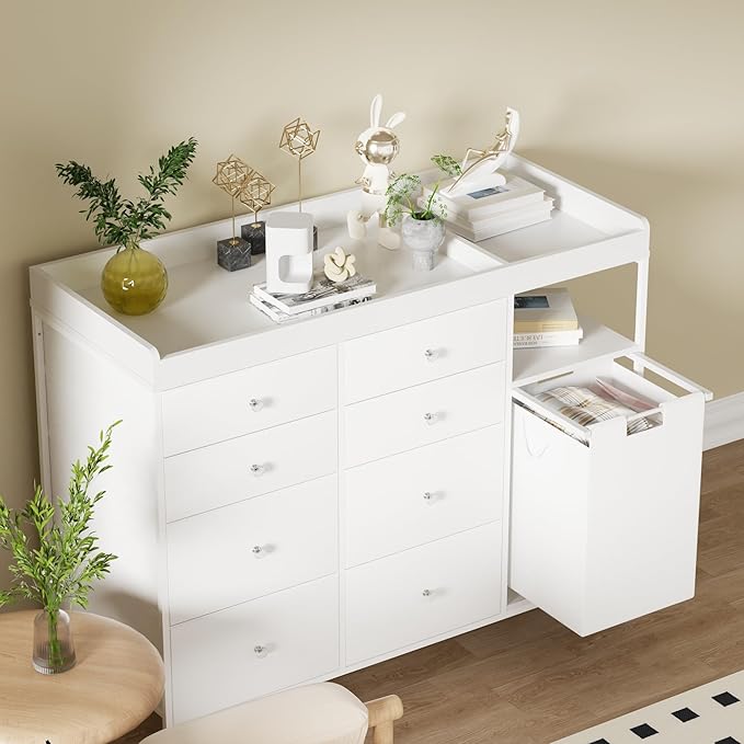 47.2" Nursery Dresser with 8 Drawers and Changing Table Top Baby Changing Station Dresser with 1 Open Shelf and 1 Laundry Hamper Diaper Changing Station Mobile Nursery Organizer,White