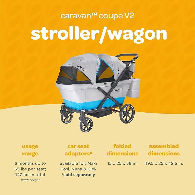 Larktale Compact Stroller Wagon with Reclining Seats for 2 Kids, Caravan Coupe V2, Gray/Blue