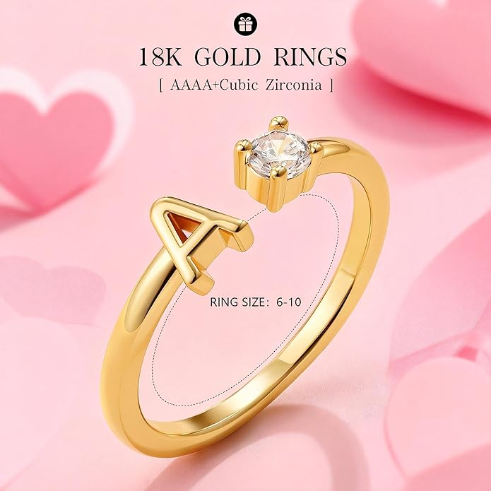 Valentines Day Gifts for Kids Teen Girls, 14K Gold Plated Adjustable Initial Rings for Women Teen Girl Trendy Stuff Birthday Valentines Day Gifts for Women Wife Mom Jewelry