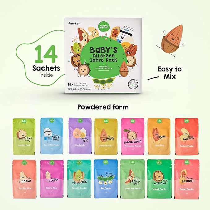 Nourishing Nippers Early Allergen Introduction - for Babies 4+ Months,14 Allergens in one pack, Including Peanut, Egg & Milk | Mix with Baby Food & Purees. 6 Month Supply