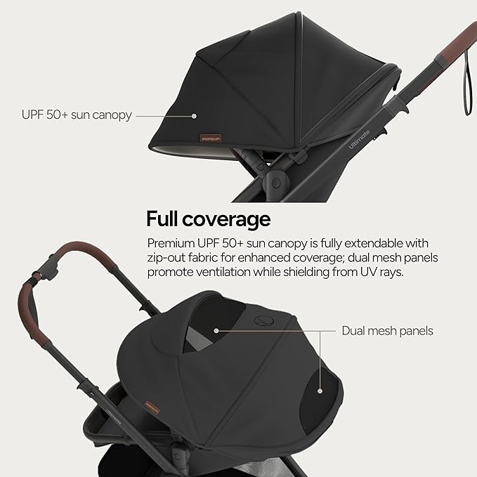 Mompush Ultimate 3 Full Size Baby Stroller from Newborn to 50 lbs - All-Terrain Large Wheels with Full Suspension, Reversible & Extendable Seat for Growing Kids, One-Second Compact Fold